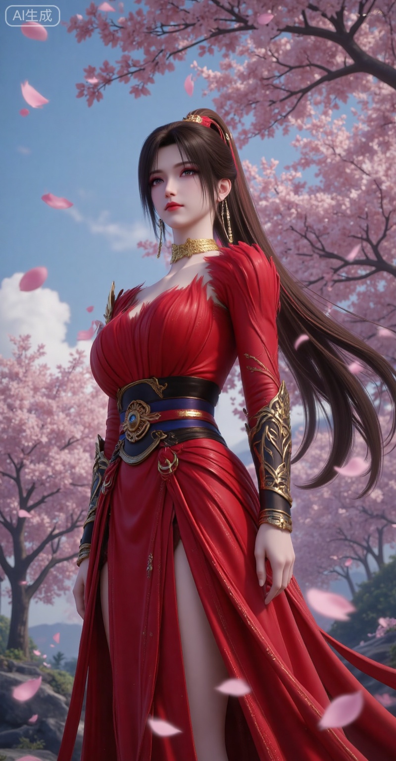 1girl, red dress, solo, dress, ponytail, hair ornament, petals, falling petals, blue sky, sash, upper body, long hair, sky, brown hair, closed mouth, jewelry,
vjing,pifu,guanghuapifu,
blurry_background,tree,flowes,nature,zhaoxinger