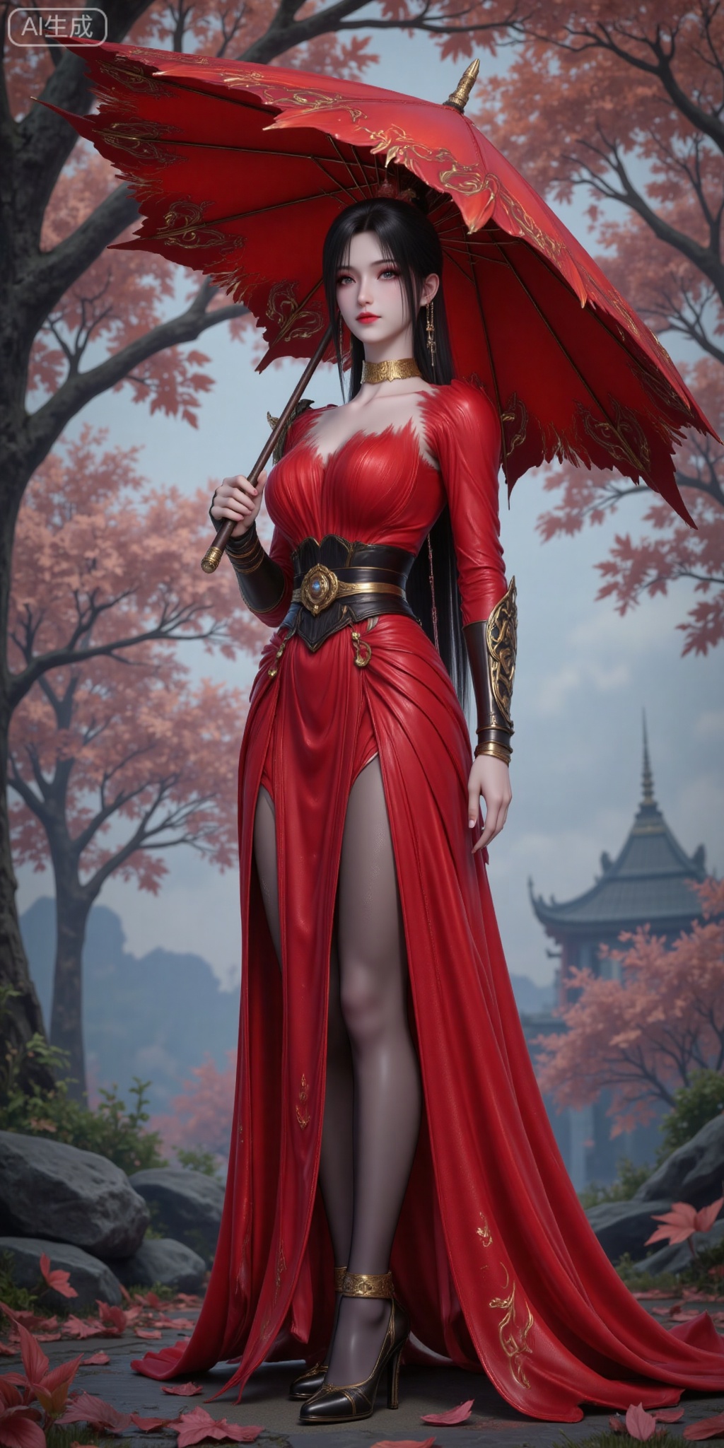 1girl, umbrella, dress, red dress, solo, jewelry, holding umbrella, black hair, earrings, holding, long hair, tree, pantyhose, hair ornament, looking at viewer, leaf, outdoors,legs,long legs,high heels, 
vjing,pifu,guanghuapifu,
blurry_background,tree,flowes,nature,zhaoxinger