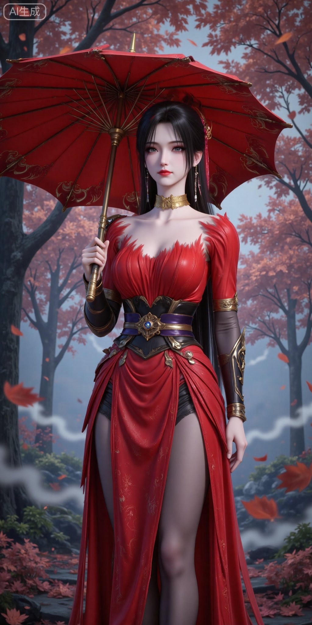 1girl, umbrella, dress, red dress, solo, jewelry, holding umbrella, black hair, earrings, holding, long hair, tree, pantyhose, hair ornament, looking at viewer, leaf, outdoors,
vjing,pifu,guanghuapifu,
blurry_background,tree,flowes,nature,zhaoxinger
