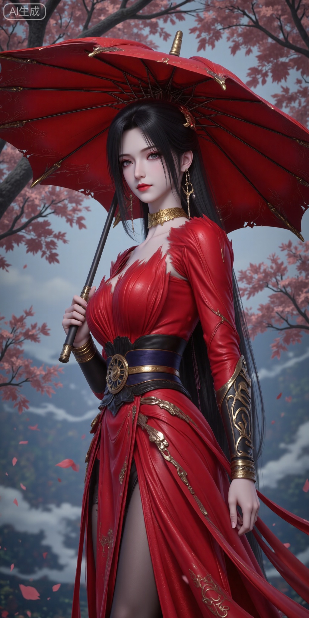 1girl, umbrella, dress, red dress, solo, jewelry, holding umbrella, black hair, earrings, holding, long hair, tree, pantyhose, hair ornament, looking at viewer, leaf, outdoors,
vjing,pifu,guanghuapifu,
blurry_background,tree,flowes,nature,zhaoxinger