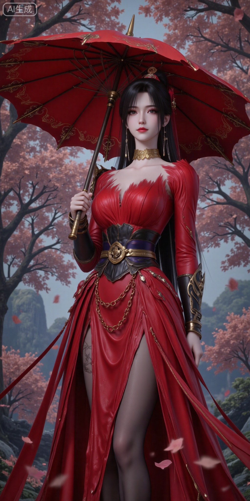 1girl, umbrella, dress, red dress, solo, jewelry, holding umbrella, black hair, earrings, holding, long hair, tree, pantyhose, hair ornament, looking at viewer, leaf, outdoors,
vjing,pifu,guanghuapifu,
blurry_background,tree,flowes,nature,zhaoxinger