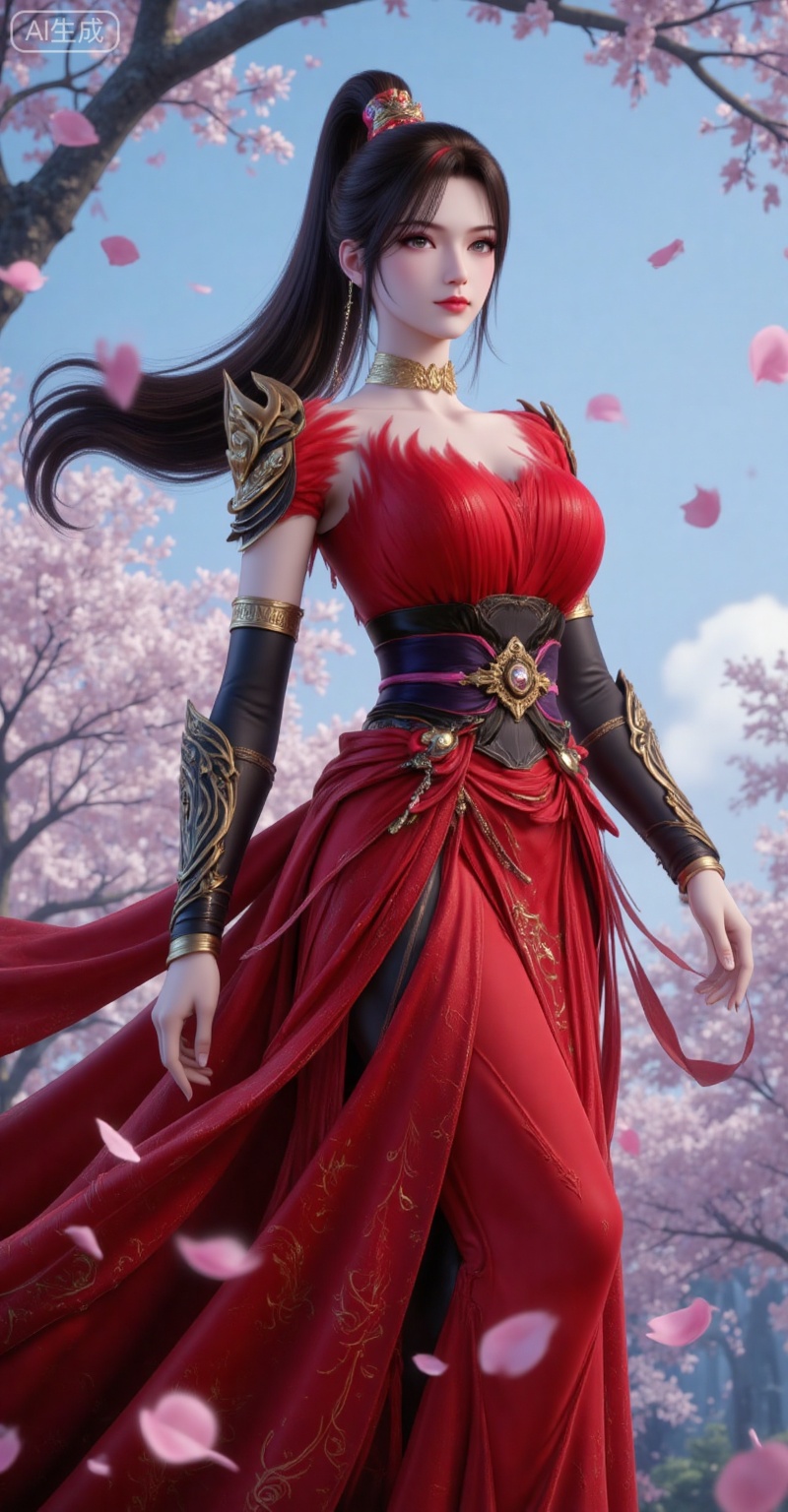 1girl, red dress, solo, dress, ponytail, hair ornament, petals, falling petals, blue sky, sash, upper body, long hair, sky, brown hair, closed mouth, jewelry,
vjing,pifu,guanghuapifu,
blurry_background,tree,flowes,nature,zhaoxinger