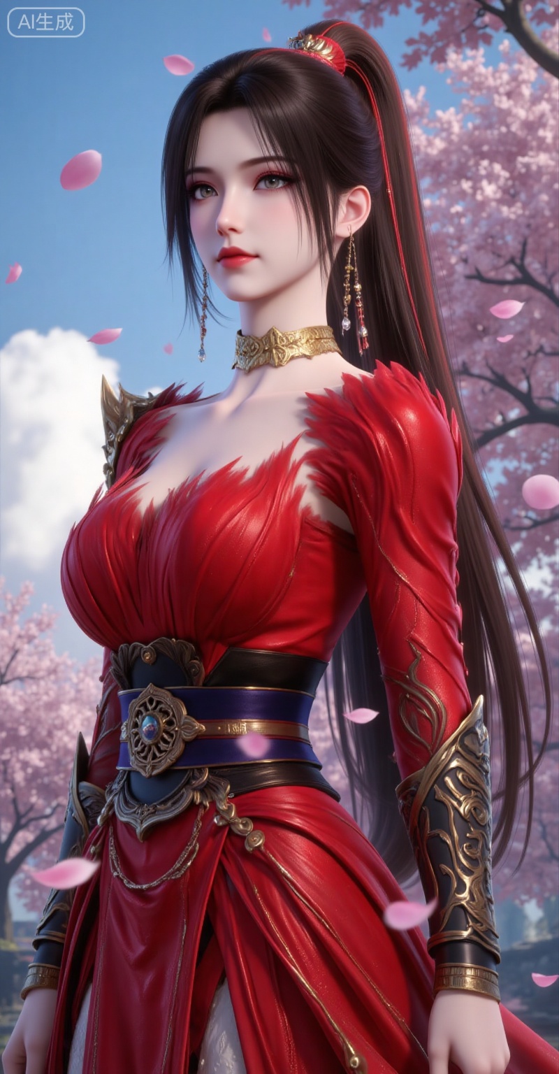 1girl, red dress, solo, dress, ponytail, hair ornament, petals, falling petals, blue sky, sash, upper body, long hair, sky, brown hair, closed mouth, jewelry,
vjing,pifu,guanghuapifu,
blurry_background,tree,flowes,nature,zhaoxinger