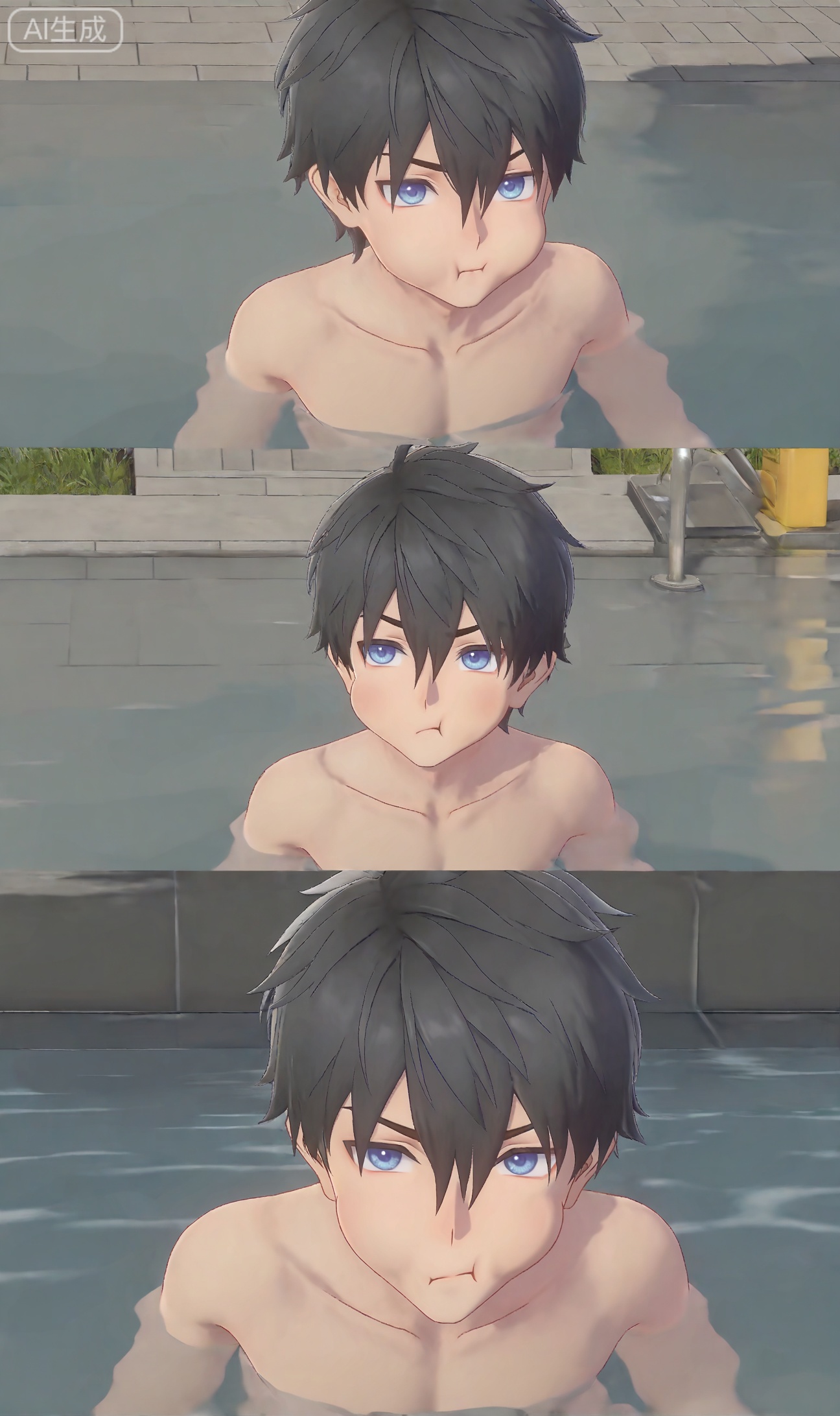 chenxiu,hair between eye,hair between eye,black hair,blue eyes,bangs,short hair


((1boy))
,((3D)),Pout, cheek cheeks,Triangle white swimming, naked, exposed upper body, street