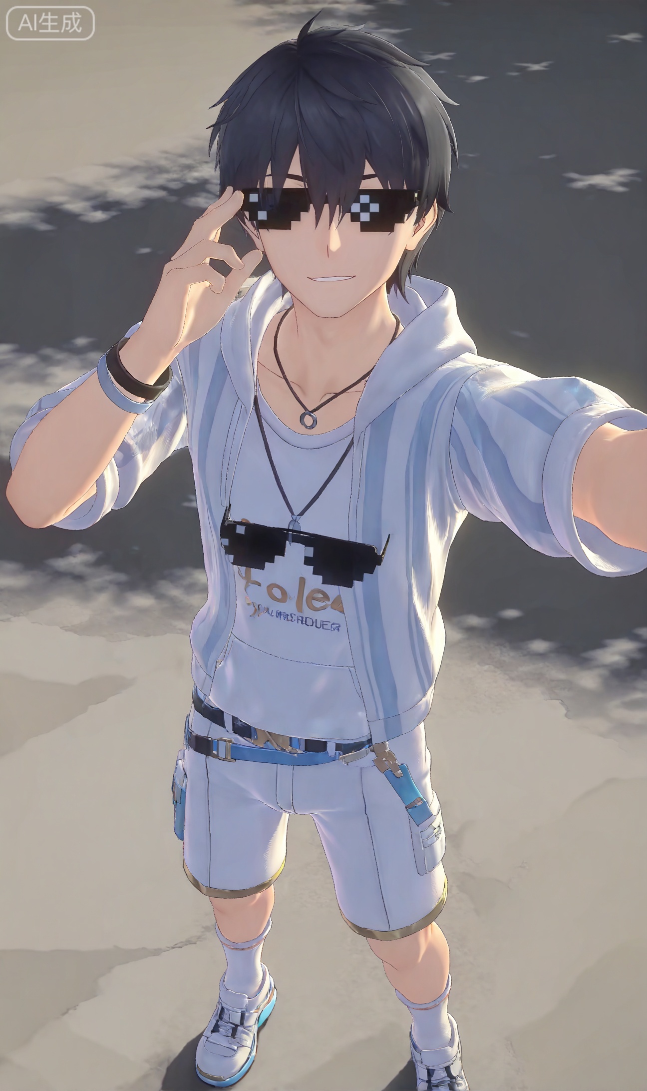 chenxiu,hair between eye,hair between eye,black hair,blue eyes,bangs,short hair


((1boy))
Sunglasses, Pixel Sunglasses,((3D)),White hoodieFull body, selfie, white shorts, white socks