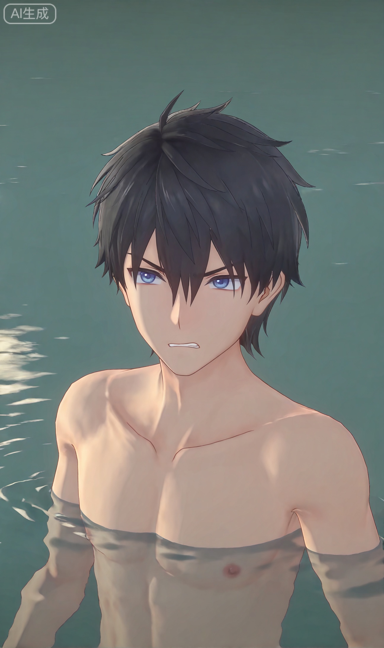 chenxiu,hair between eye,hair between eye,black hair,blue eyes,bangs,short hair


((1boy))
,((3D)),Angry (╬◣ω ◢),Triangle white swimming, naked, exposed upper body, street