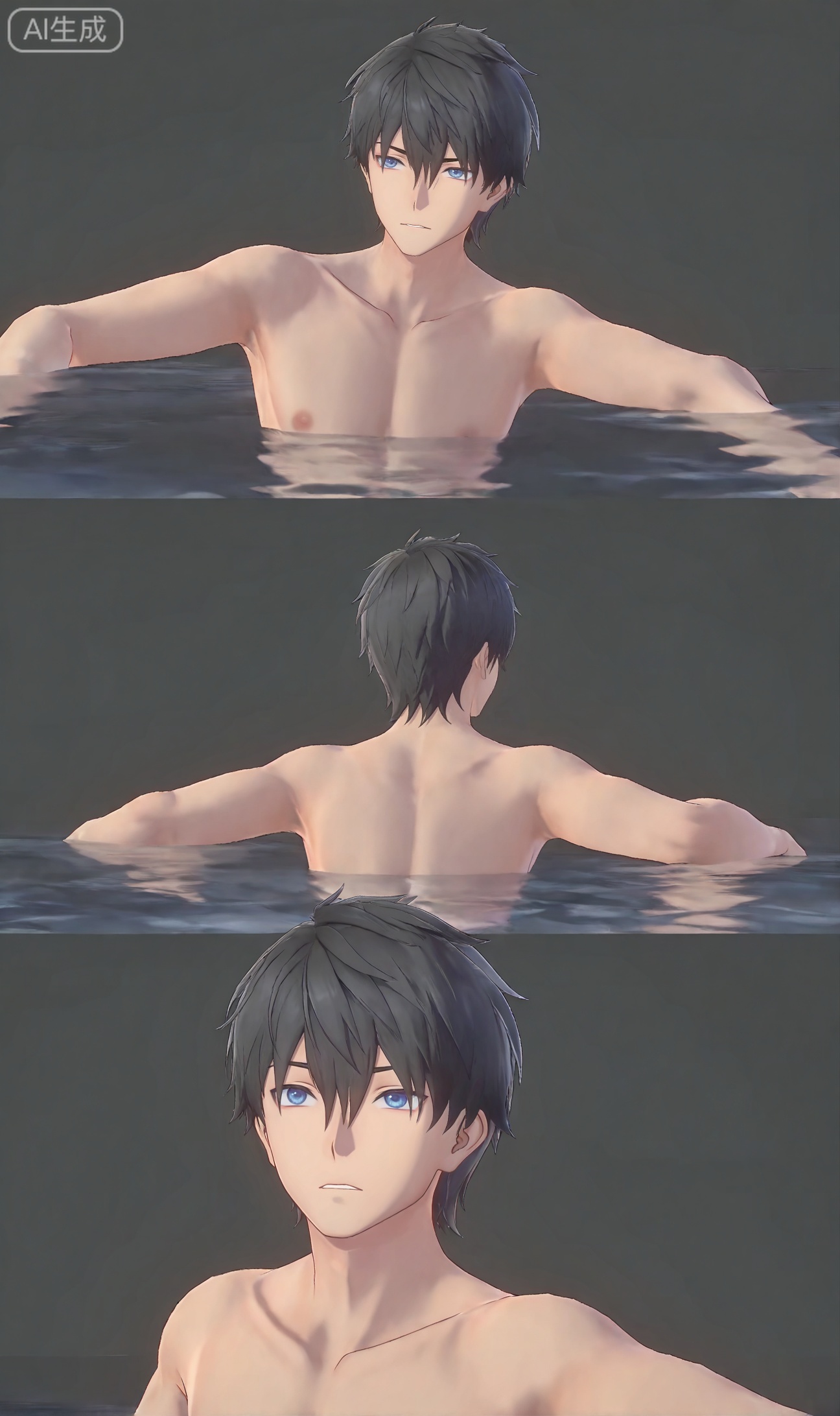 chenxiu,hair between eye,hair between eye,black hair,blue eyes,bangs,short hair


((1boy))
,((3D)),Disdainful expression,Triangle white swimming, naked, exposed upper body, street