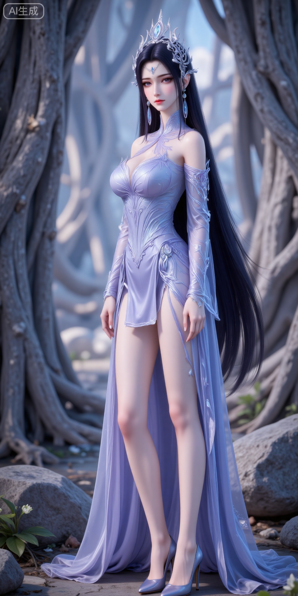 1girl, long hair, solo, dress, black hair, high heels, full body, bare legs, earrings, pointy ears, hair ornament, jewelry, flower, blue dress, tiara, closed mouth,legs,long legs,
liuyu,lvjing,pifu,guanghuapifu,
blurry_background,tree,flowes,nature,yechangong