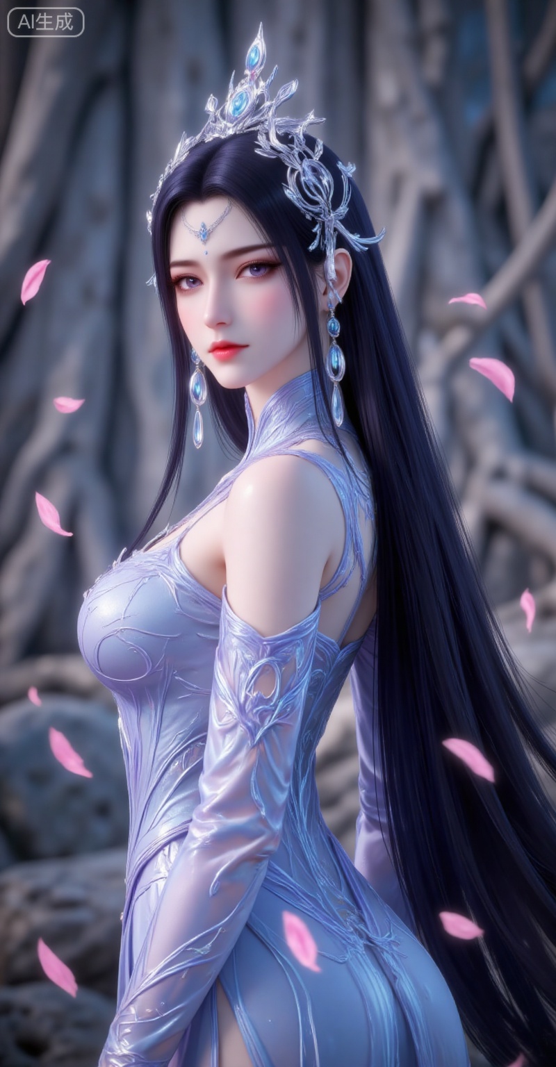 1girl, solo, long hair, earrings, dress, jewelry, hair ornament, black hair, upper body, from side, falling petals, petals, looking at viewer, closed mouth, bare shoulders, expressionless, detached sleeves, blue dress, looking back,
liuyu,lvjing,pifu,guanghuapifu,
blurry_background,tree,flowes,nature,yechangong
