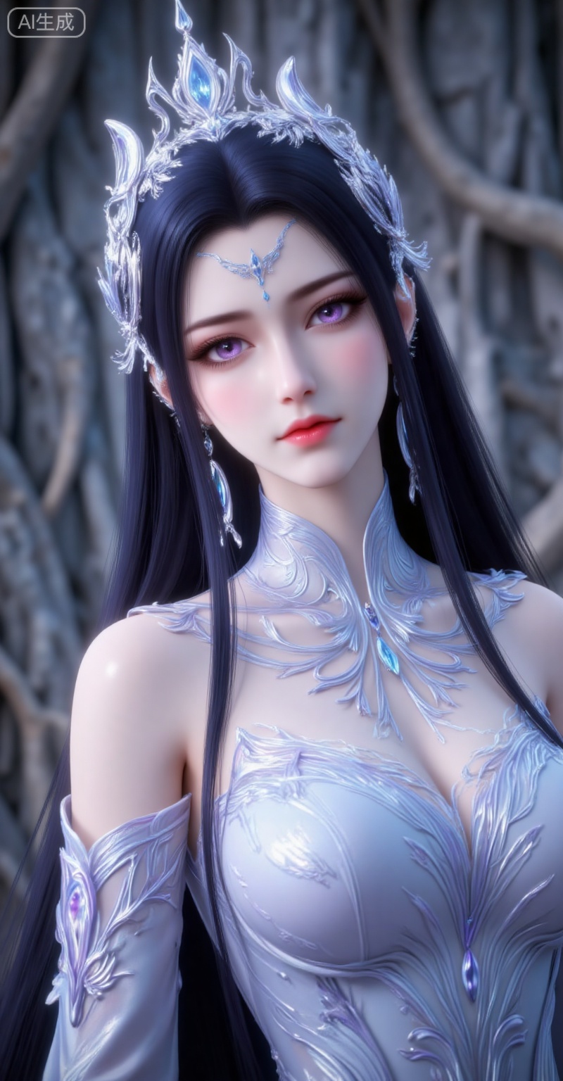 1girl, solo, long hair, black hair, hair ornament, expressionless, upper body, earrings, jewelry, closed mouth, dress, looking at viewer, dutch angle, blurry background, purple eyes, bare shoulders, portrait, white dress,
liuyu,lvjing,pifu,guanghuapifu,
blurry_background,tree,flowes,nature,yechangong