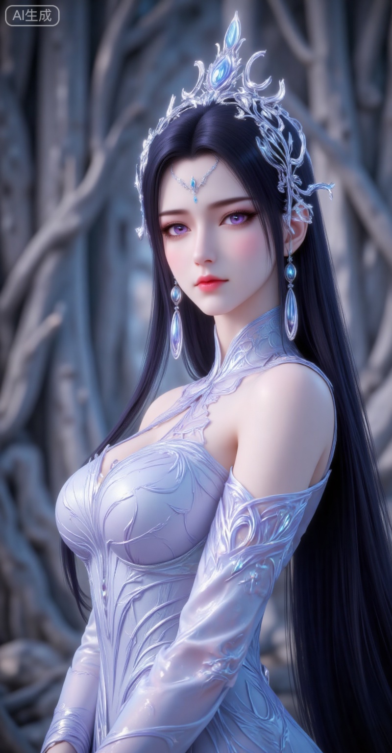 1girl, solo, long hair, black hair, hair ornament, expressionless, upper body, earrings, jewelry, closed mouth, dress, looking at viewer, dutch angle, blurry background, purple eyes, bare shoulders, portrait, white dress,
liuyu,lvjing,pifu,guanghuapifu,
blurry_background,tree,flowes,nature,yechangong