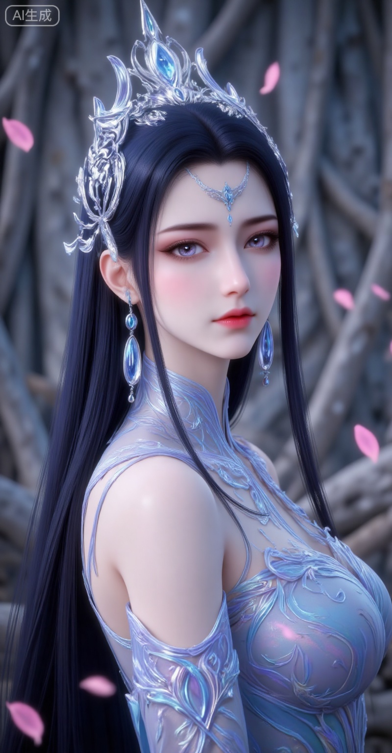 1girl, solo, long hair, earrings, dress, jewelry, hair ornament, black hair, upper body, from side, falling petals, petals, looking at viewer, closed mouth, bare shoulders, expressionless, detached sleeves, blue dress, looking back,
liuyu,lvjing,pifu,guanghuapifu,
blurry_background,tree,flowes,nature,yechangong