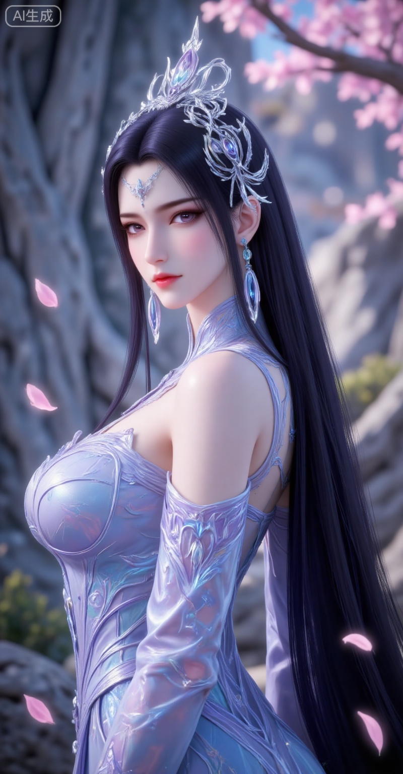 1girl, solo, long hair, earrings, dress, jewelry, hair ornament, black hair, upper body, from side, falling petals, petals, looking at viewer, closed mouth, bare shoulders, expressionless, detached sleeves, blue dress, looking back,
liuyu,lvjing,pifu,guanghuapifu,
blurry_background,tree,flowes,nature,yechangong