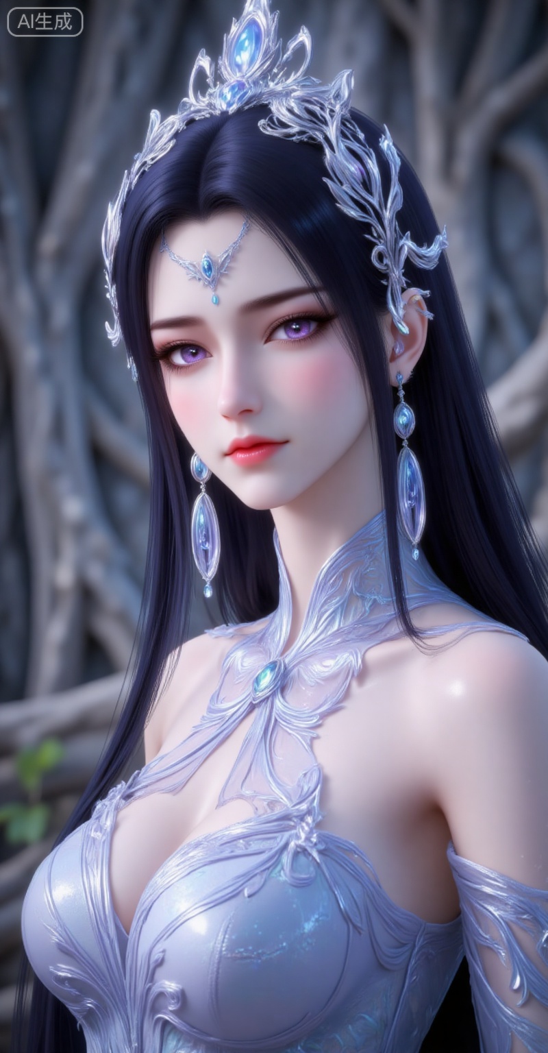 1girl, solo, long hair, black hair, hair ornament, expressionless, upper body, earrings, jewelry, closed mouth, dress, looking at viewer, dutch angle, blurry background, purple eyes, bare shoulders, portrait, white dress,
liuyu,lvjing,pifu,guanghuapifu,
blurry_background,tree,flowes,nature,yechangong