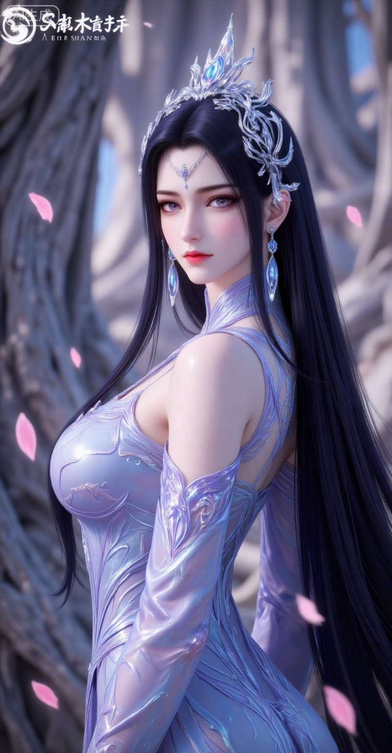 1girl, solo, long hair, earrings, dress, jewelry, hair ornament, black hair, upper body, from side, falling petals, petals, looking at viewer, closed mouth, bare shoulders, expressionless, detached sleeves, blue dress, looking back,
liuyu,lvjing,pifu,guanghuapifu,
blurry_background,tree,flowes,nature,yechangong