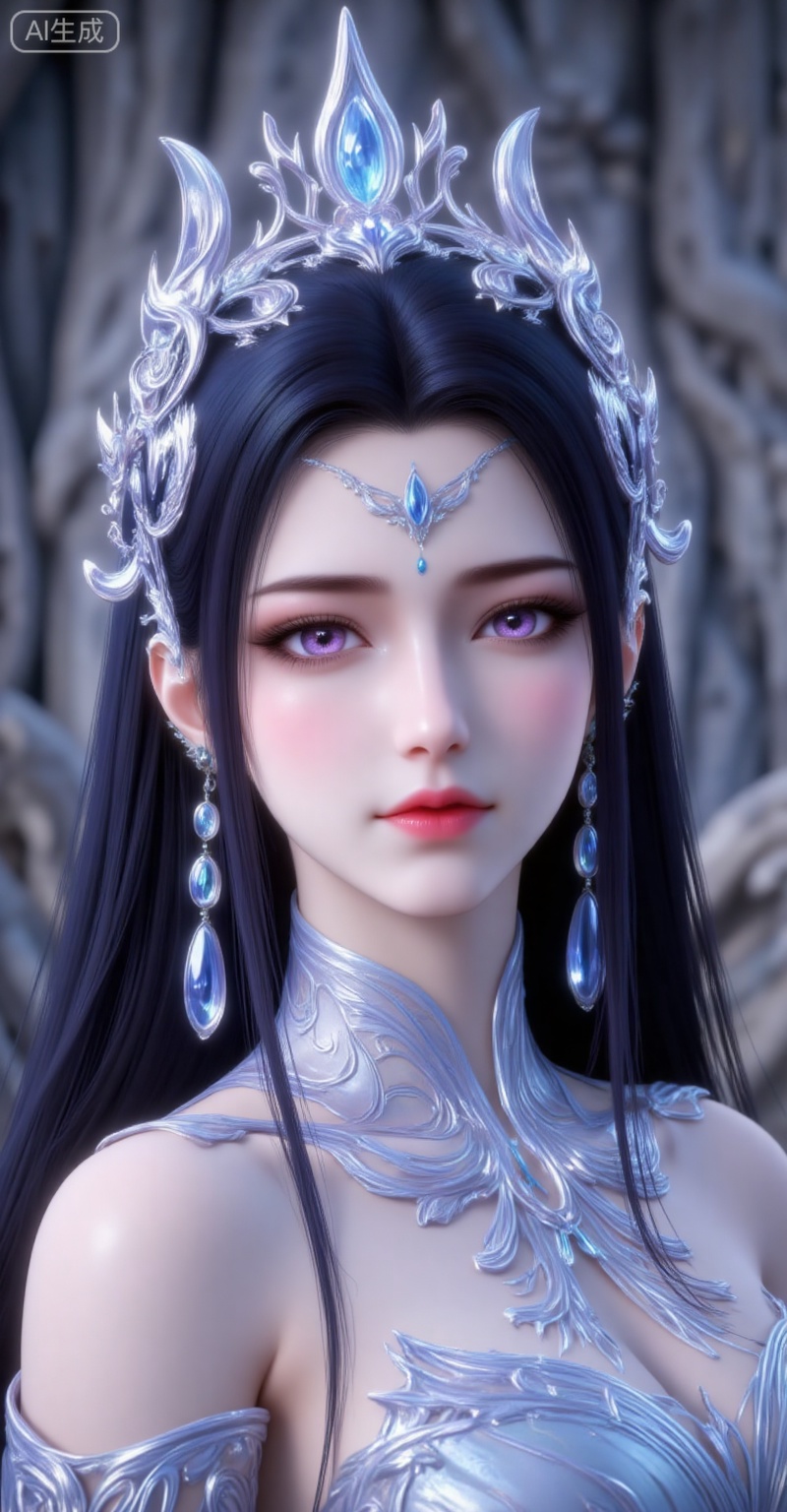1girl, solo, long hair, black hair, hair ornament, expressionless, upper body, earrings, jewelry, closed mouth, dress, looking at viewer, dutch angle, blurry background, purple eyes, bare shoulders, portrait, white dress,
liuyu,lvjing,pifu,guanghuapifu,
blurry_background,tree,flowes,nature,yechangong