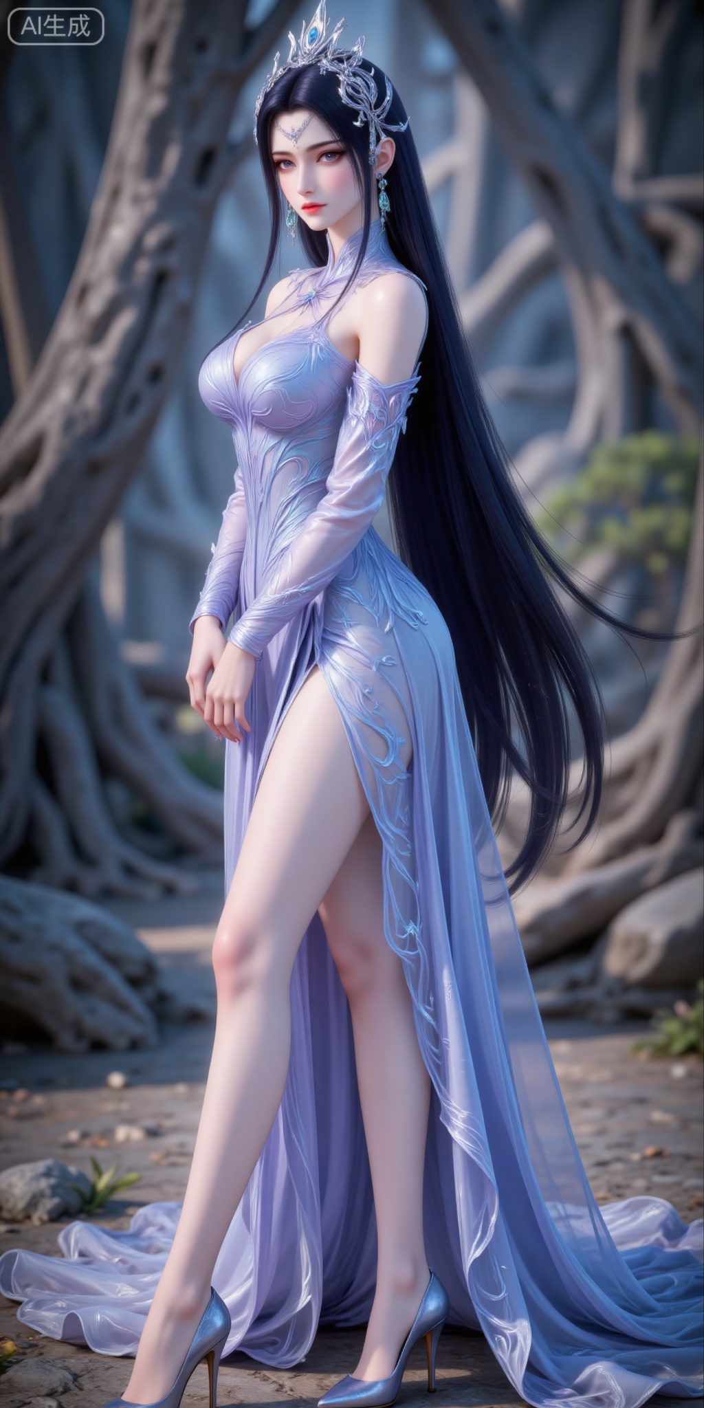 1girl, long hair, solo, dress, black hair, high heels, full body, bare legs, earrings, pointy ears, hair ornament, from side, jewelry, flower, blue dress, tiara, closed mouth,
liuyu,lvjing,pifu,guanghuapifu,
blurry_background,tree,flowes,nature,yechangong