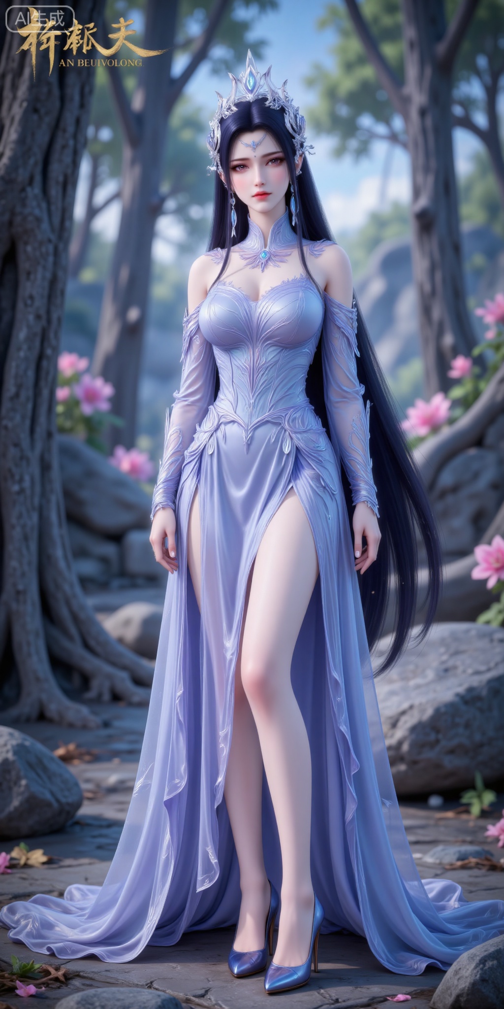 1girl, long hair, solo, dress, black hair, high heels, full body, bare legs, earrings, pointy ears, hair ornament, jewelry, flower, blue dress, tiara, closed mouth,
liuyu,lvjing,pifu,guanghuapifu,
blurry_background,tree,flowes,nature,yechangong
