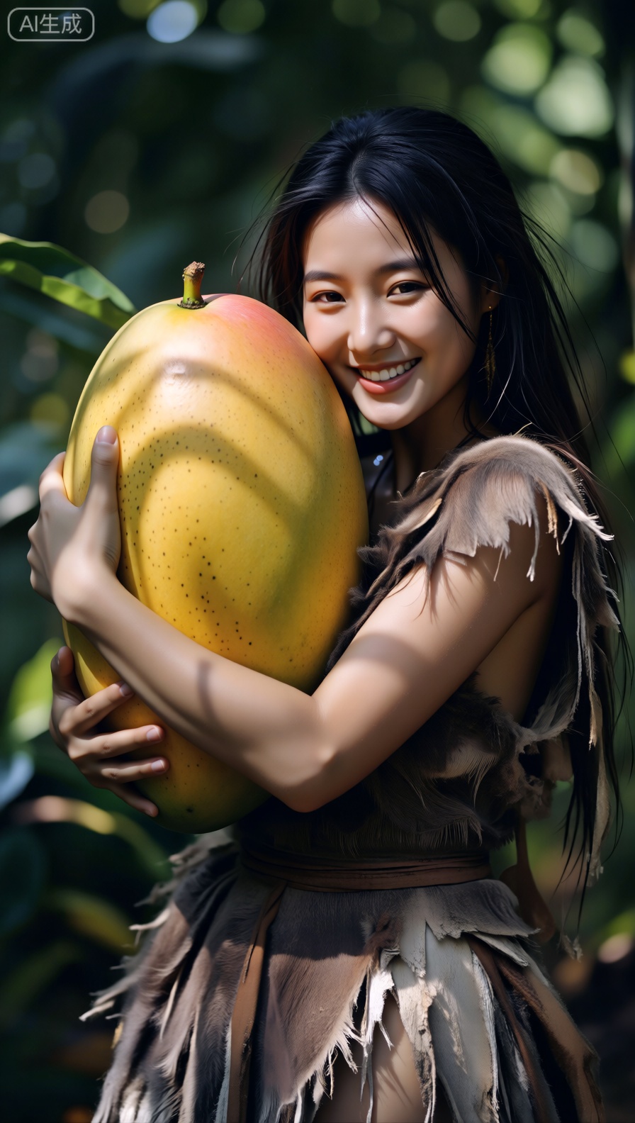 画面聚焦于一位原始女性,她穿着破烂的皮毛衣,皮毛杂乱,衣角有些撕裂,尽显原始风貌。她小心翼翼地抱着一个超级大的芒果,芒果大到几乎遮住她的半边身体,果皮黄中带橙,布满细密的果点,顶端还带着新鲜的果蒂。她的脸上洋溢着开心的微笑,眼角微微上扬,充满了收获的喜悦。整体风格原始质朴,富有自然野趣。光线是透过树叶洒下的斑驳阳光,在人物和芒果上形成明暗交错的光影,渲染出热带雨林般的自然氛围。色彩上,皮毛衣的深棕、芒果的亮黄与背景的深绿形成强烈对比,视觉冲击力强。构图采用三分法,人物与芒果置于画面右侧三分之二处,左侧留白展现部分自然环境。以稍低的视角拍摄,用35mm焦距,突出芒果的巨大和人物的生动神态。生成的图片要高清细腻,还原原始环境的质感和人物的真实情感。