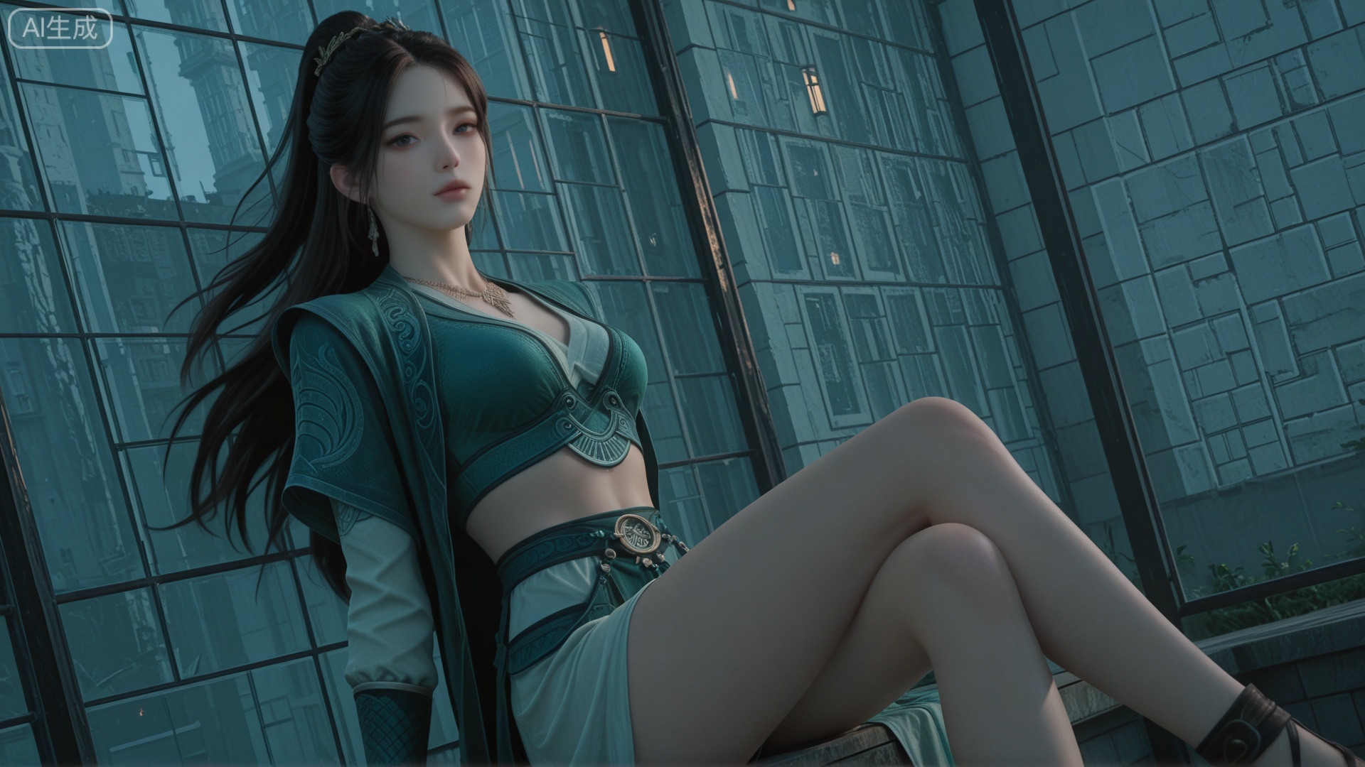 GF3D, class 2 GF3D,1girl,XW clothes, looking_at_viewer, exquisite_skin, side_sitting, glass_wall, outdoor, front_lighting, even_light, dynamic_angle, floating_hair, direct_gaze