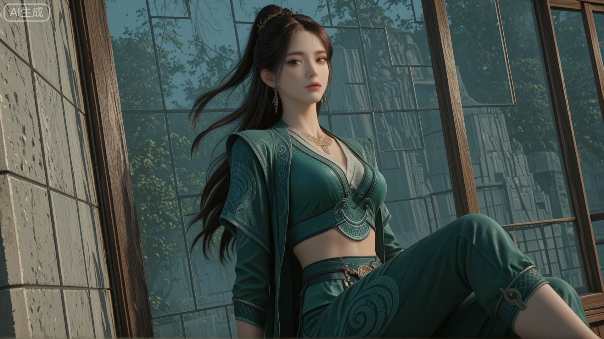 GF3D, class 1 GF3D,GF3D screen,1girl,XW clothes, looking_at_viewer, exquisite_skin, side_sitting, glass_wall, outdoor, front_lighting, even_light, dynamic_angle, floating_hair, direct_gaze