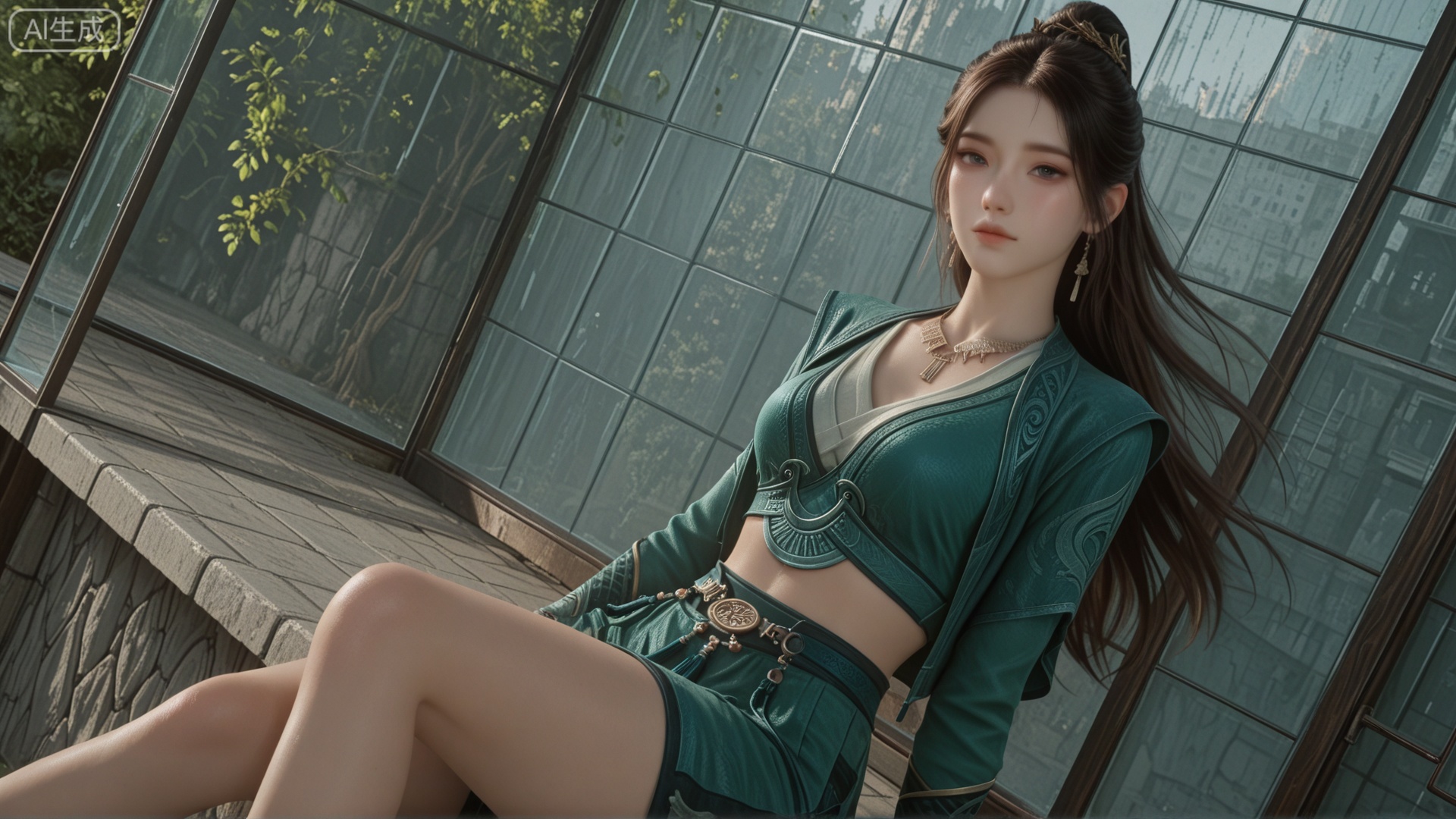 GF3D, class 2 GF3D,1girl,XW clothes, looking_at_viewer, exquisite_skin, side_sitting, glass_wall, outdoor, front_lighting, even_light, dynamic_angle, floating_hair, direct_gaze