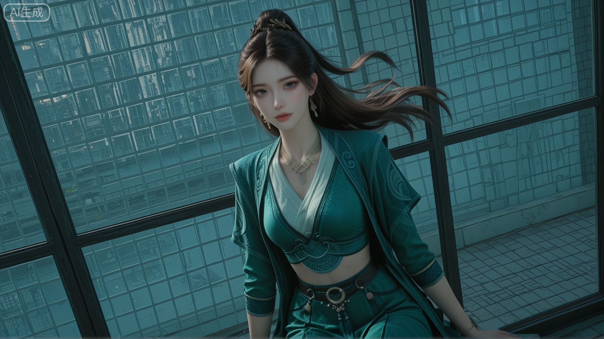 GF3D,1girl,XW clothes, looking_at_viewer, exquisite_skin, side_sitting, glass_wall, outdoor, front_lighting, even_light, dynamic_angle, floating_hair, direct_gaze
