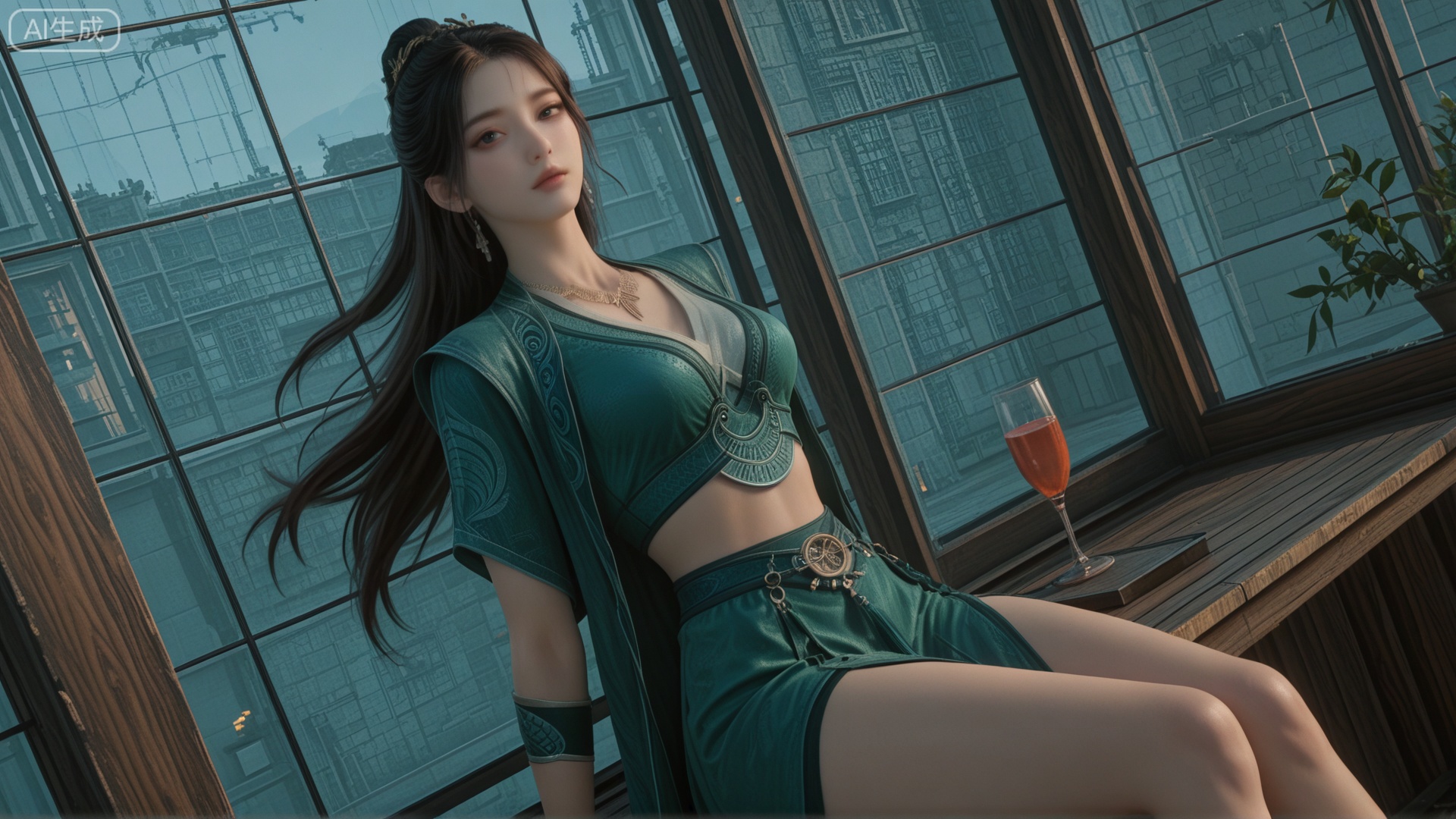GF3D, class 1 GF3D,GF3D screen,1girl,XW clothes, looking_at_viewer, exquisite_skin, side_sitting, glass_wall, outdoor, front_lighting, even_light, dynamic_angle, floating_hair, direct_gaze