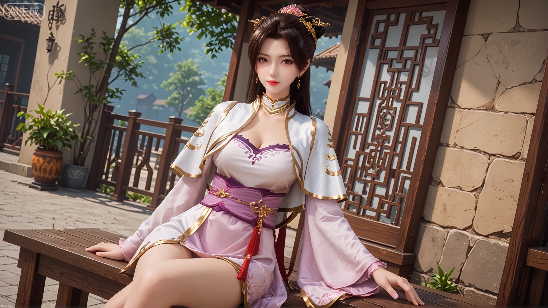 score_9, score_8, GF3D, class 1 GF3D, GF3D screen,1girl, cleavage, chinese_style, long_hair, looking_at_viewer, exquisite_skin, side_sitting, right_leg_bent, glass_wall, outdoor, front_lighting, even_light, dynamic_angle, direct_gaze