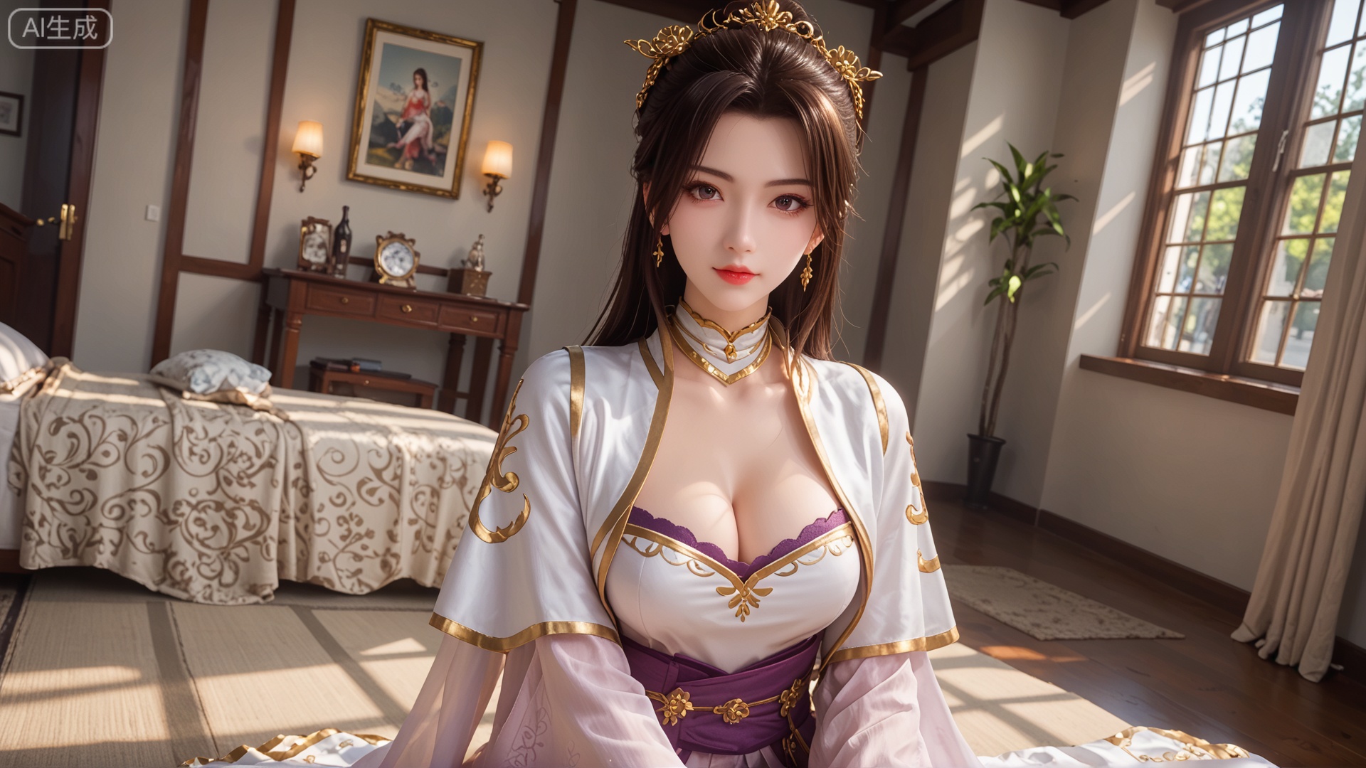 score_9, score_8, GF3D,1girl, cleavage, looking_at_viewer, exquisite_skin, side_sitting, front_lighting, even_light, dynamic_angle