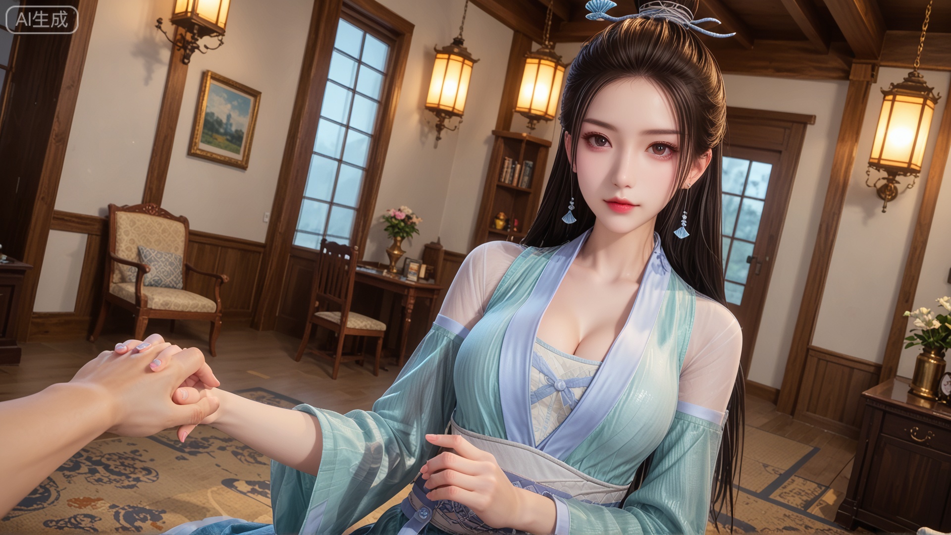 score_9, score_8, GF3D,1girl, cleavage, imminent hand holding, looking_at_viewer, exquisite_skin, side_sitting, front_lighting, even_light, dynamic_angle