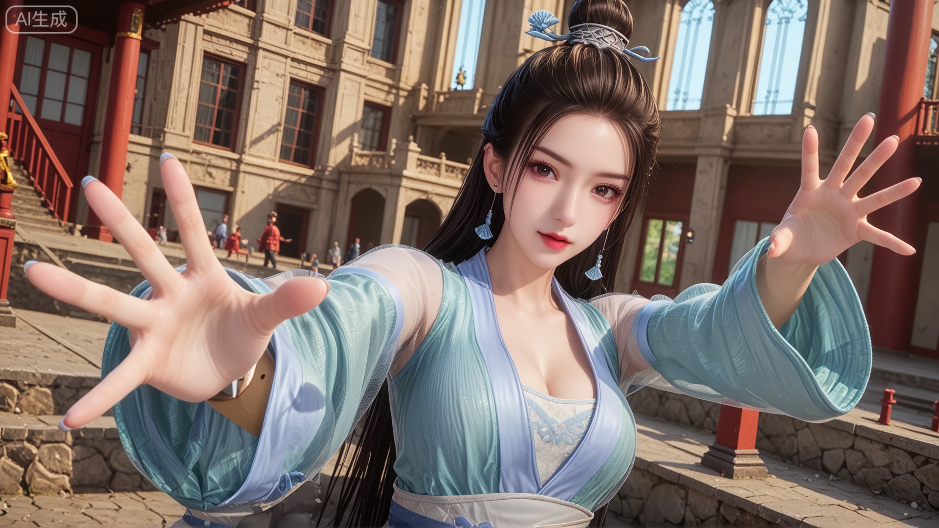 score_9, score_8, GF3D,1girl, cleavage, reaching towards viewer, looking_at_viewer, exquisite_skin, side_sitting, front_lighting, even_light, dynamic_angle