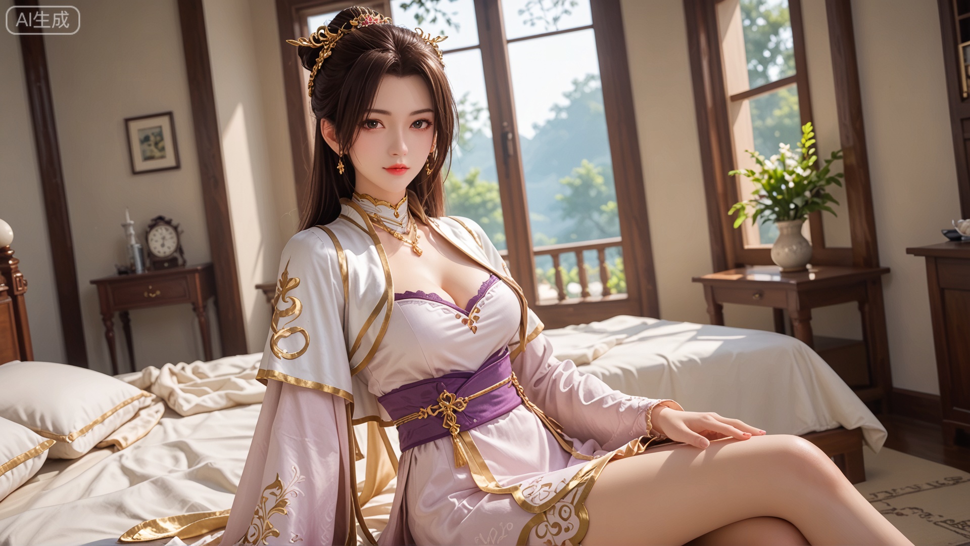 score_9, score_8, GF3D,1girl, cleavage, looking_at_viewer, exquisite_skin, side_sitting, front_lighting, even_light, dynamic_angle