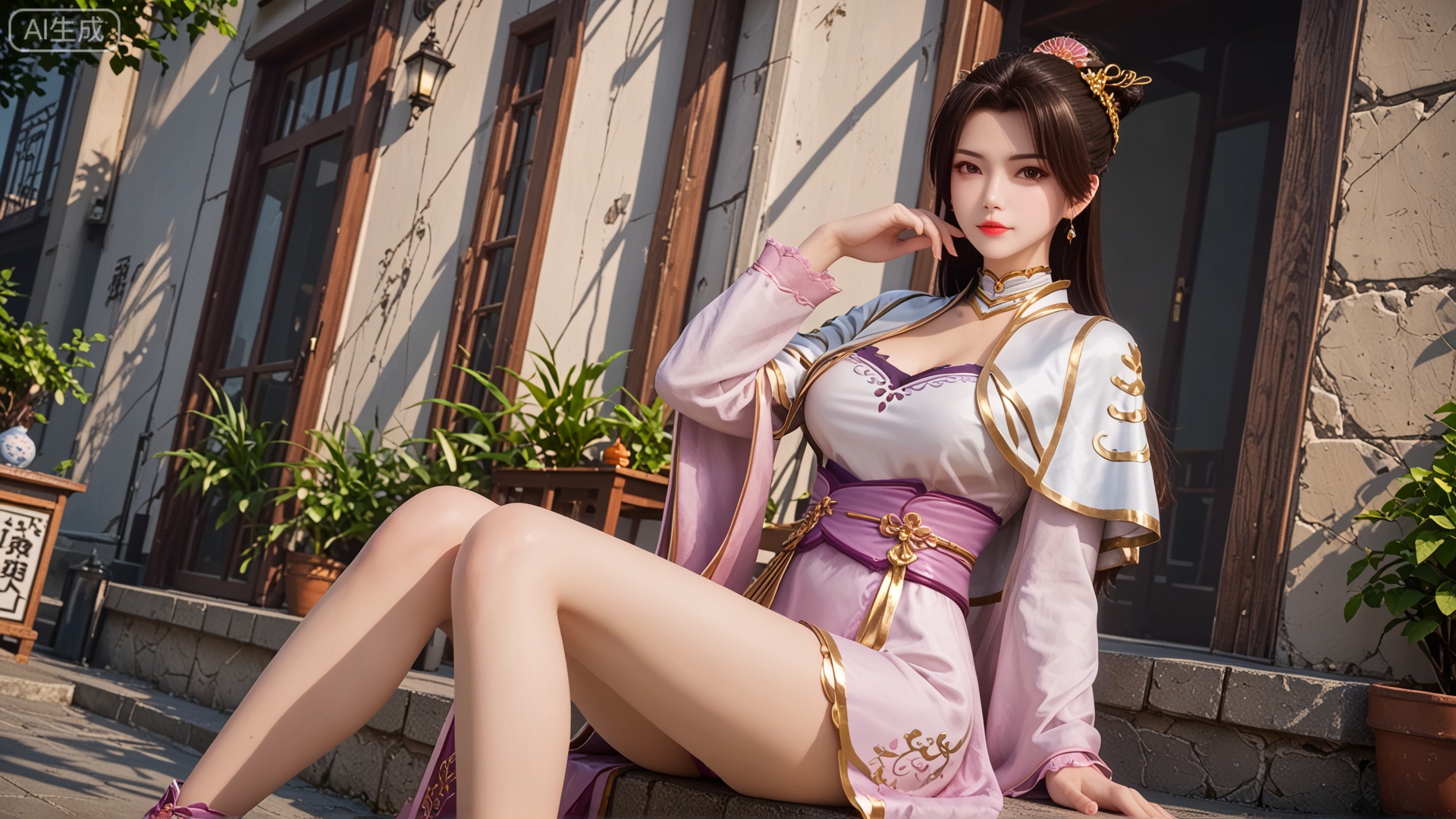 score_9, score_8, GF3D, class 1 GF3D, GF3D screen,1girl, cleavage, chinese_style, long_hair, looking_at_viewer, exquisite_skin, side_sitting, right_leg_bent, glass_wall, outdoor, front_lighting, even_light, dynamic_angle, direct_gaze