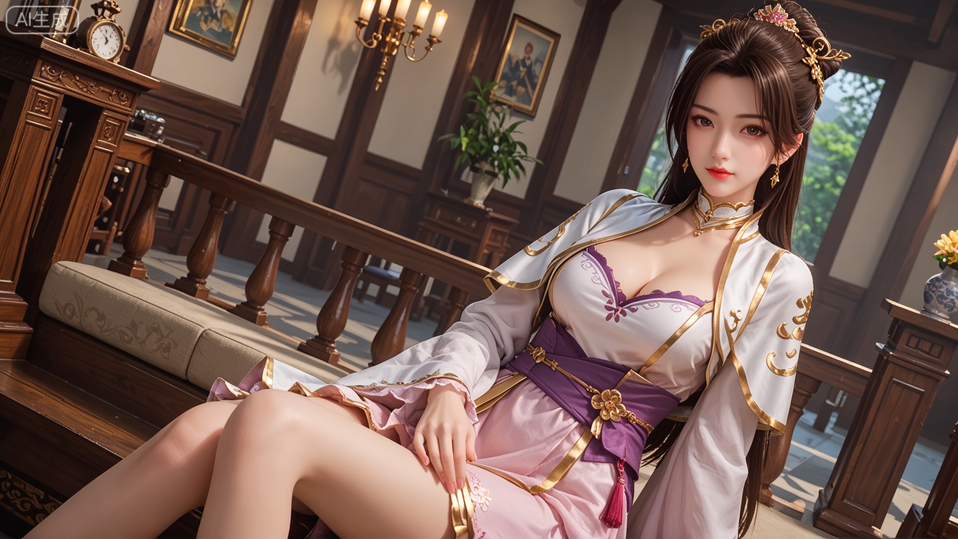 score_9, score_8, class 2 GF3D,1girl, cleavage, looking_at_viewer, exquisite_skin, side_sitting, front_lighting, even_light, dynamic_angle