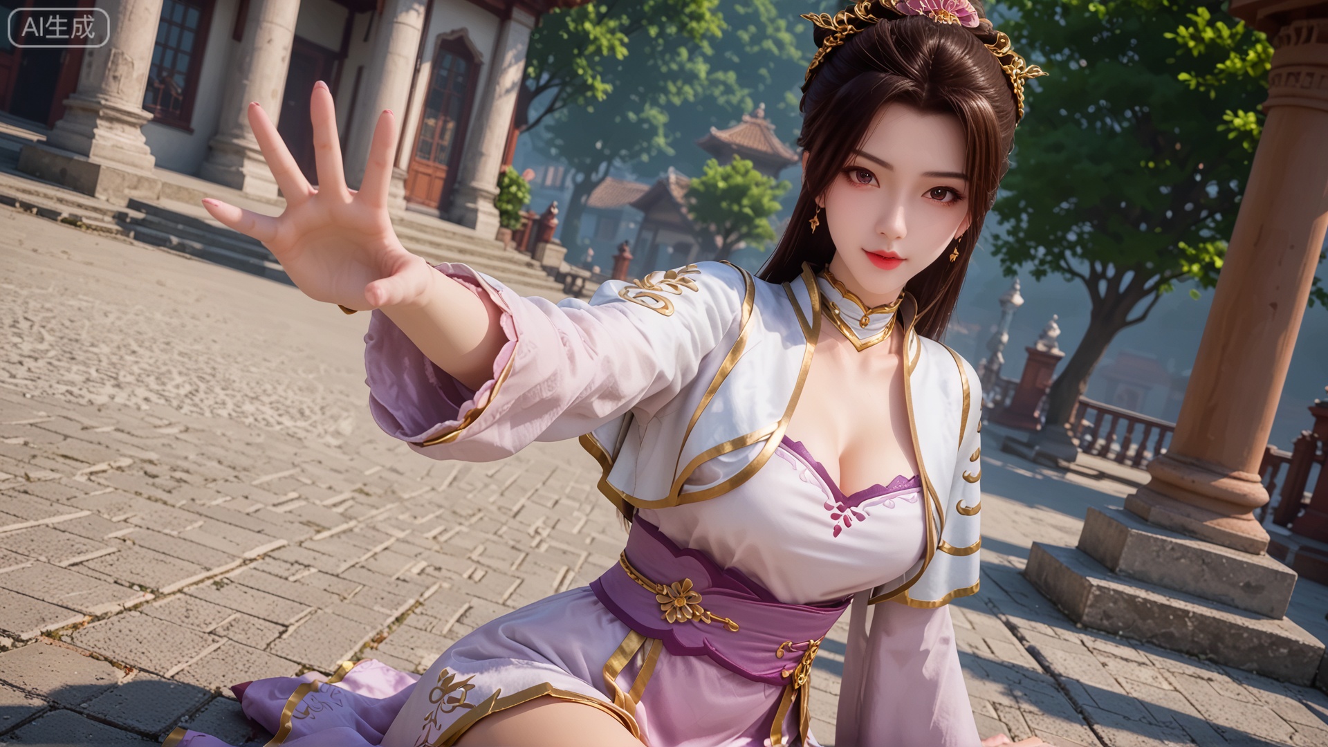 score_9, score_8, GF3D,1girl, cleavage, reaching towards viewer, looking_at_viewer, exquisite_skin, side_sitting, front_lighting, even_light, dynamic_angle