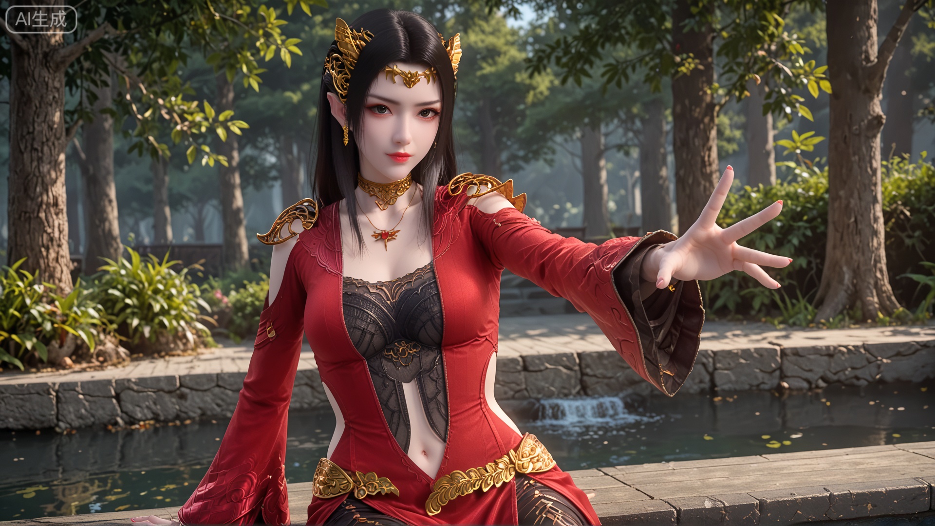 score_9, score_8, GF3D,1girl, outstretched hand, looking_at_viewer, exquisite_skin, side_sitting, front_lighting, dynamic_angle