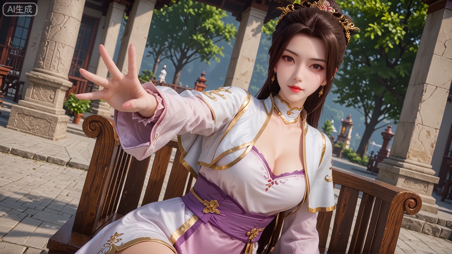 score_9, score_8, GF3D, class 1 GF3D, GF3D screen,1girl, cleavage, outstretched hand, looking_at_viewer, exquisite_skin, side_sitting, front_lighting, dynamic_angle