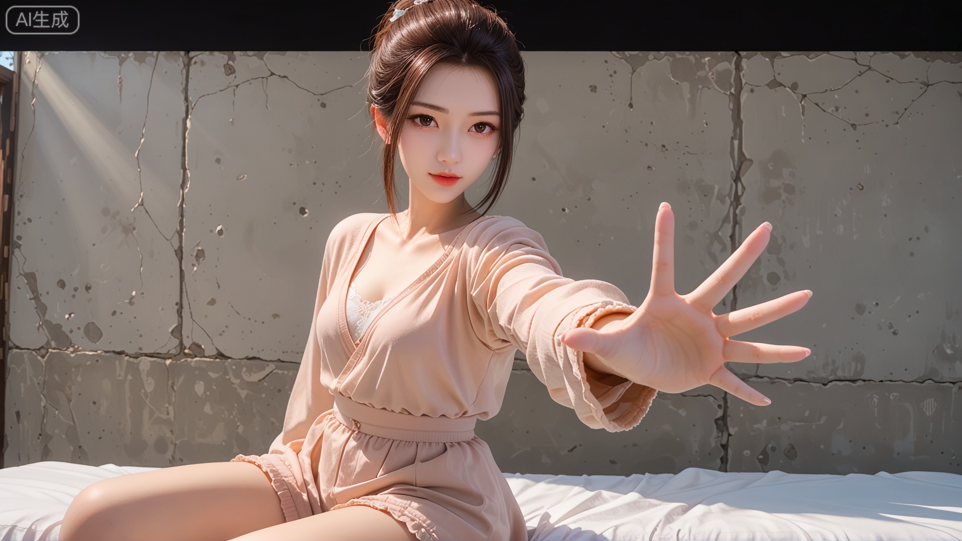 score_9, score_8, GF3D,1girl, outstretched hand, looking_at_viewer, exquisite_skin, side_sitting, front_lighting, dynamic_angle