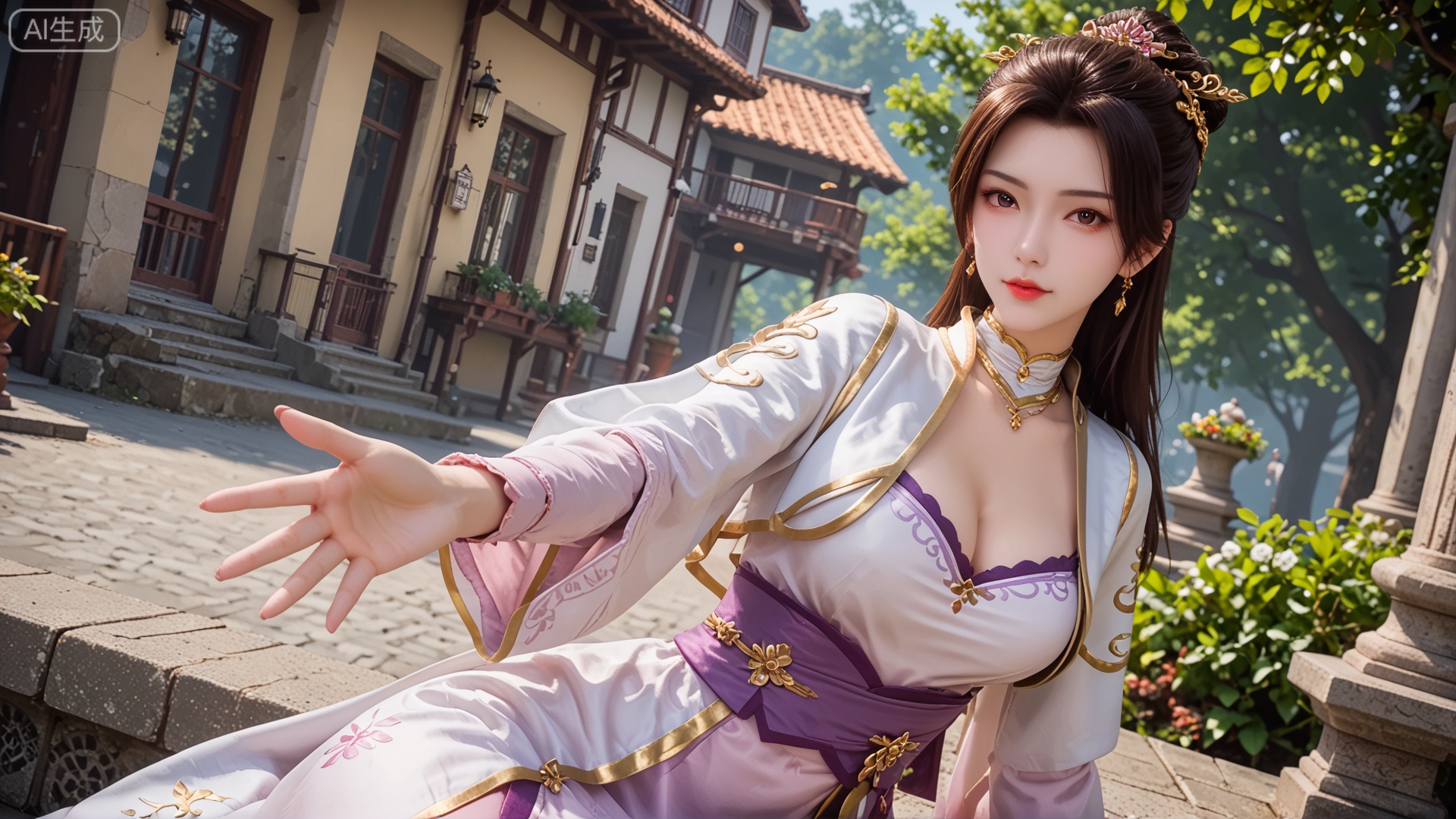 score_9, score_8, GF3D, class 1 GF3D, GF3D screen,1girl, cleavage, outstretched hand, looking_at_viewer, exquisite_skin, side_sitting, front_lighting, dynamic_angle