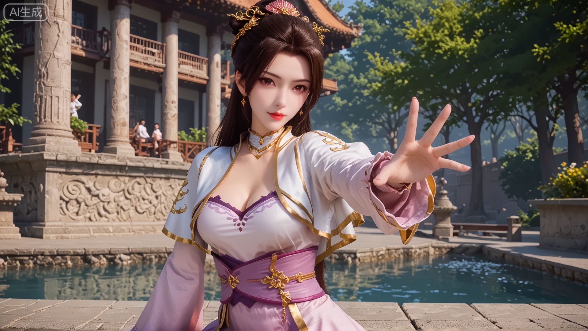 score_9, score_8, GF3D,1girl, cleavage, outstretched hand, looking_at_viewer, exquisite_skin, side_sitting, front_lighting, even_light, dynamic_angle