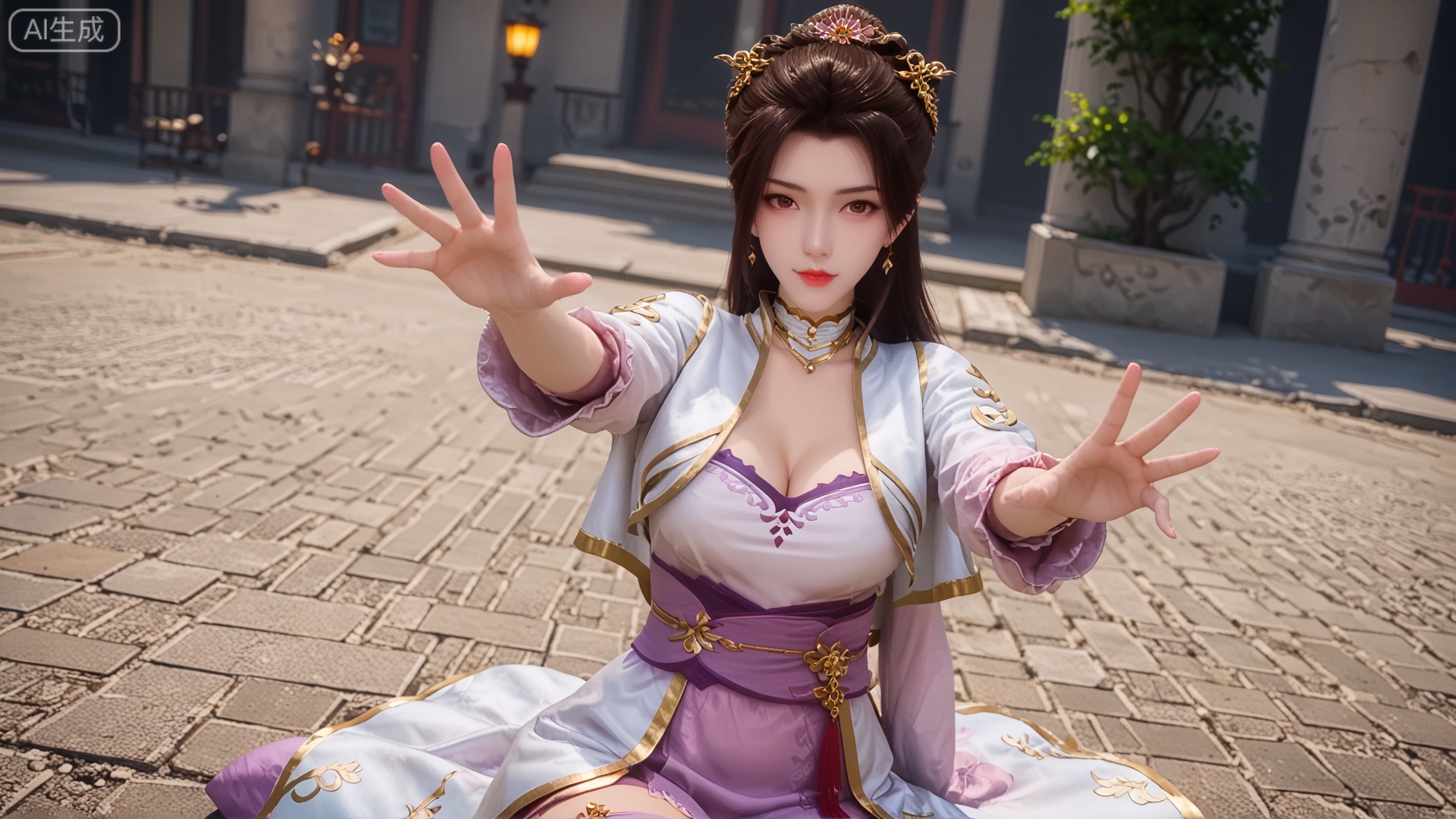 score_9, score_8, GF3D, class 1 GF3D, GF3D screen,1girl, cleavage, outstretched hand, looking_at_viewer, exquisite_skin, side_sitting, front_lighting, even_light, dynamic_angle