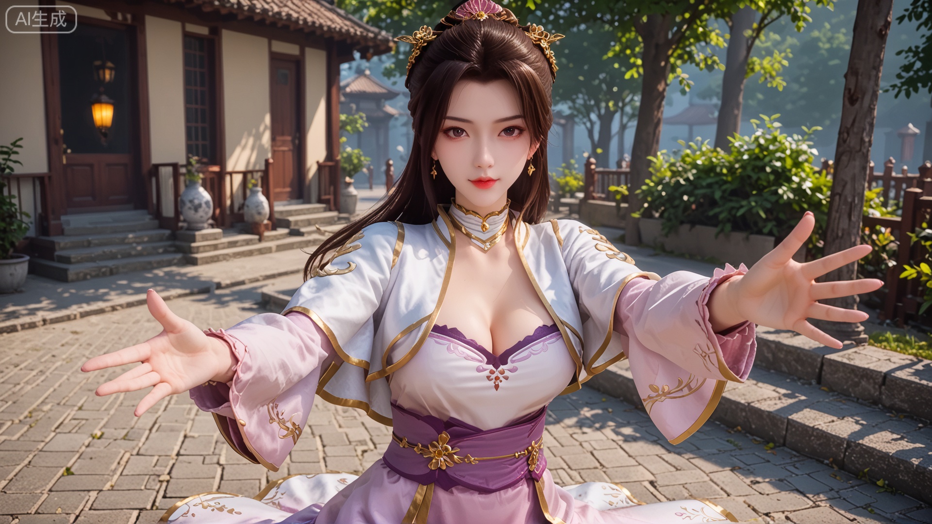 score_9, score_8, GF3D,1girl, cleavage, outstretched hand, looking_at_viewer, exquisite_skin, side_sitting, front_lighting, even_light, dynamic_angle