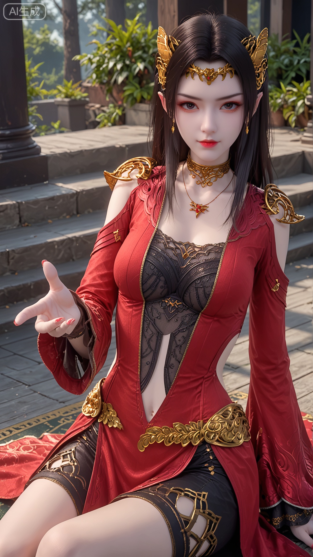 score_9, score_8, GF3D,1girl, outstretched hand, looking_at_viewer, exquisite_skin, sitting, front_lighting, dynamic_angle