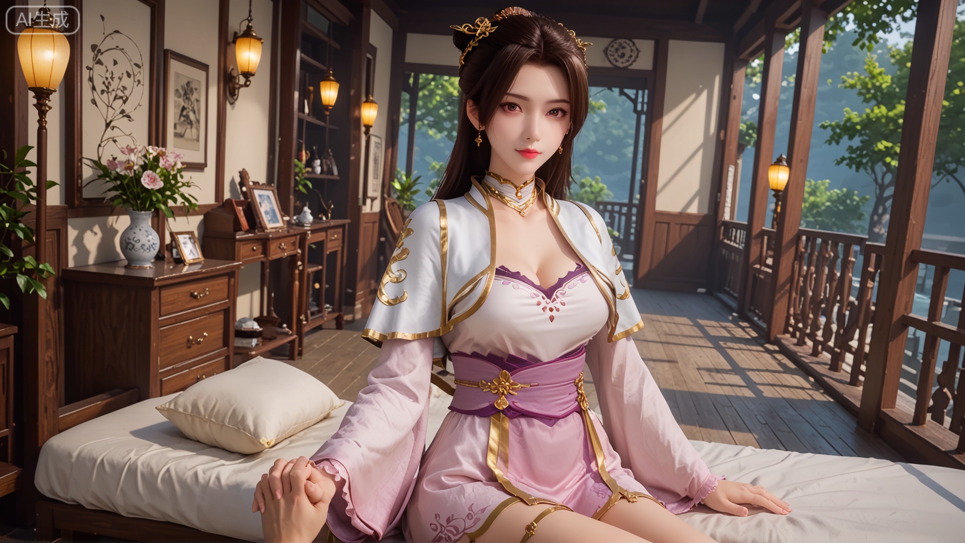 score_9, score_8, GF3D,1girl, cleavage, imminent hand holding, looking_at_viewer, exquisite_skin, side_sitting, front_lighting, even_light, dynamic_angle