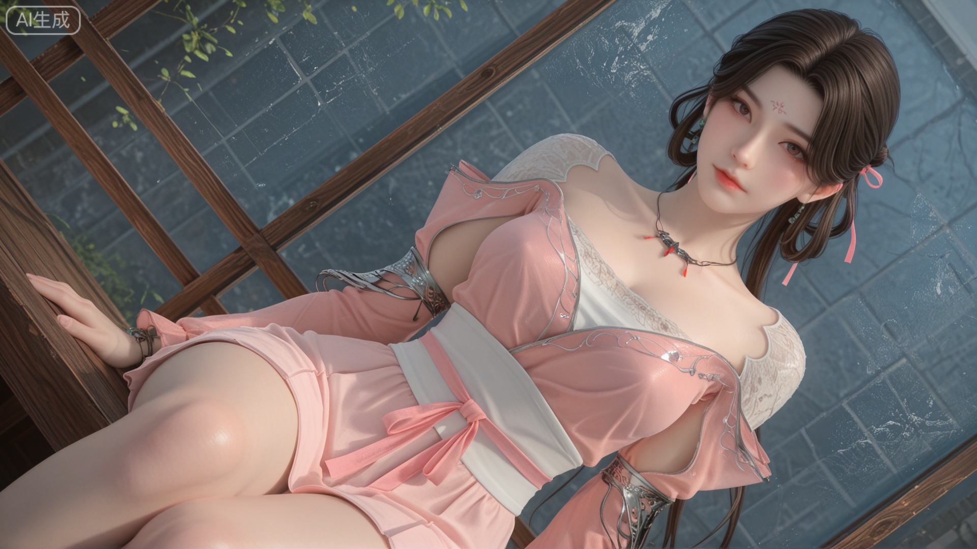 GF3D, class 2 GF3D,1girl,ZX clothes, looking_at_viewer, exquisite_skin, side_sitting, glass_wall, outdoor, front_lighting, even_light, dynamic_angle, floating_hair, direct_gaze
