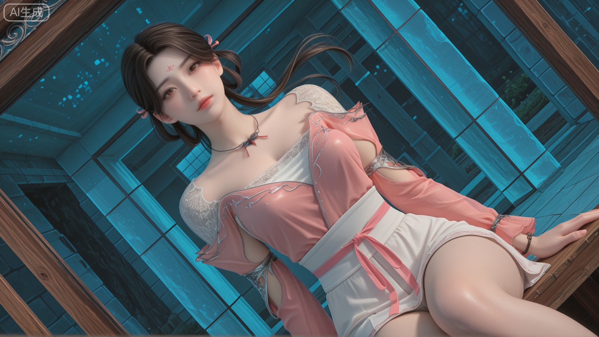 GF3D, class 1 GF3D,GF3D screen,1girl,XY clothes, looking_at_viewer, exquisite_skin, side_sitting, glass_wall, outdoor, front_lighting, even_light, dynamic_angle, floating_hair, direct_gaze