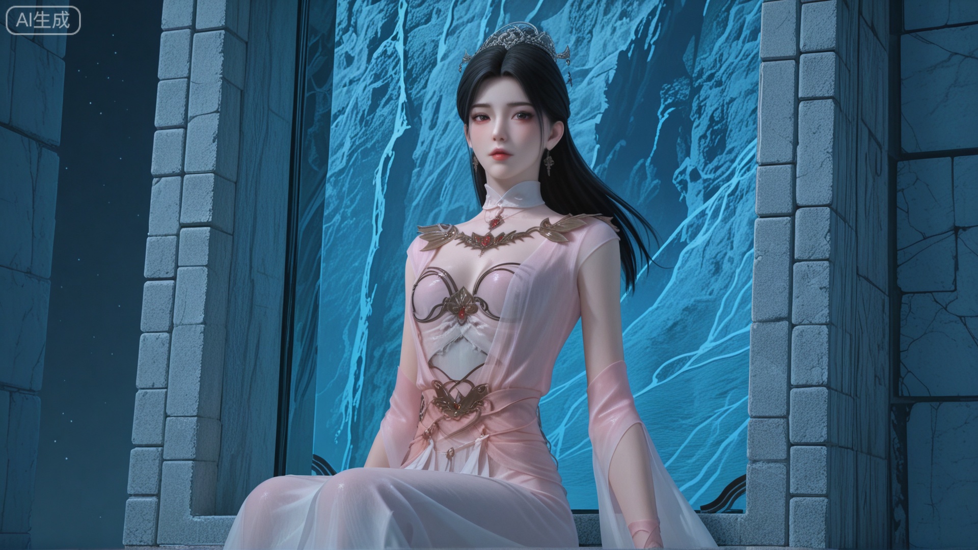 GF3D, class 1 GF3D,GF3D screen,1girl,XW clothes, looking_at_viewer, exquisite_skin, side_sitting, glass_wall, outdoor, front_lighting, even_light, dynamic_angle, floating_hair, direct_gaze