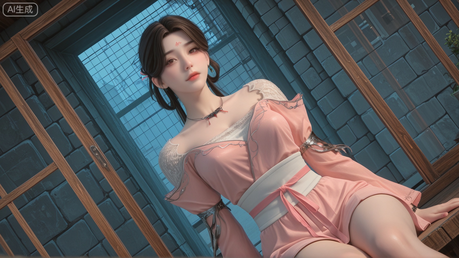 GF3D, class 2 GF3D,1girl,ZX clothes, looking_at_viewer, exquisite_skin, side_sitting, glass_wall, outdoor, front_lighting, even_light, dynamic_angle, floating_hair, direct_gaze