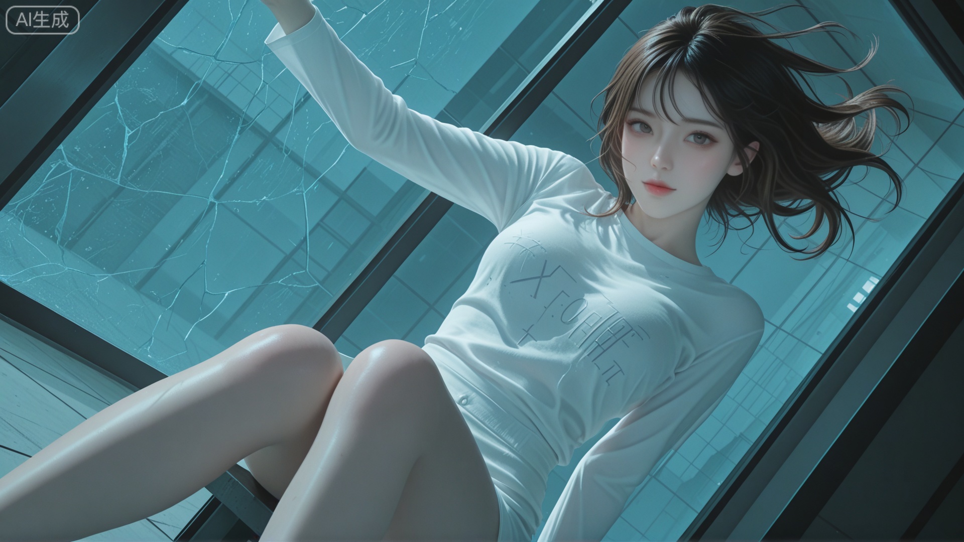 class 2 GF3D,1girl,XY clothes, looking_at_viewer, exquisite_skin, side_sitting, glass_wall, outdoor, front_lighting, even_light, dynamic_angle, floating_hair, direct_gaze